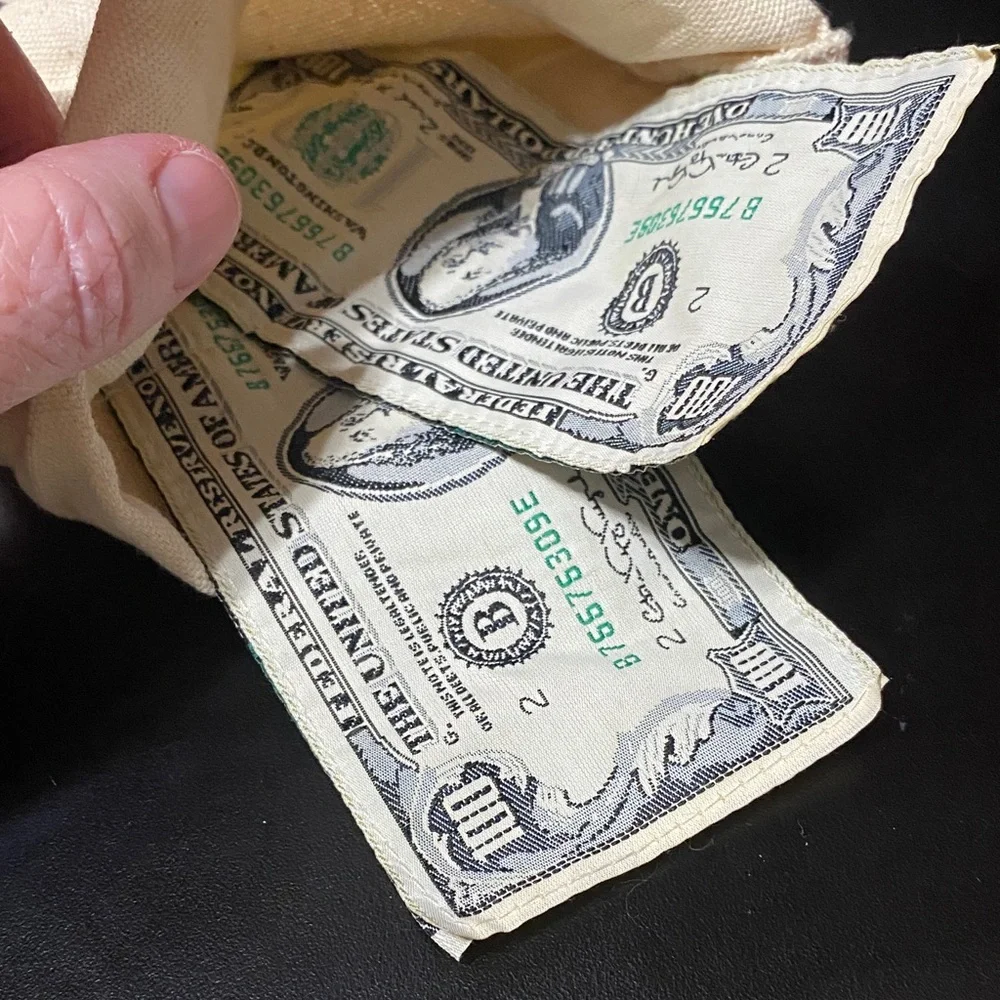 Vintage Canvas Money Bag with Dollar Print and fake money attached at top
